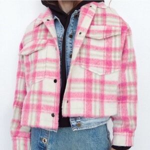 Zara Pink Plaid Cropped Overshirt Jacket